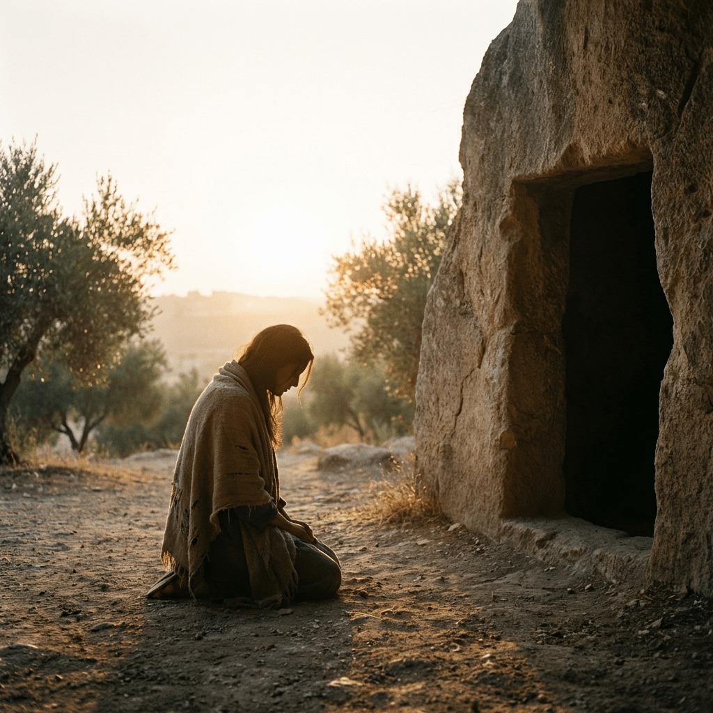 A woman kneeling in front of an open stone tomb during a golden sunrise.