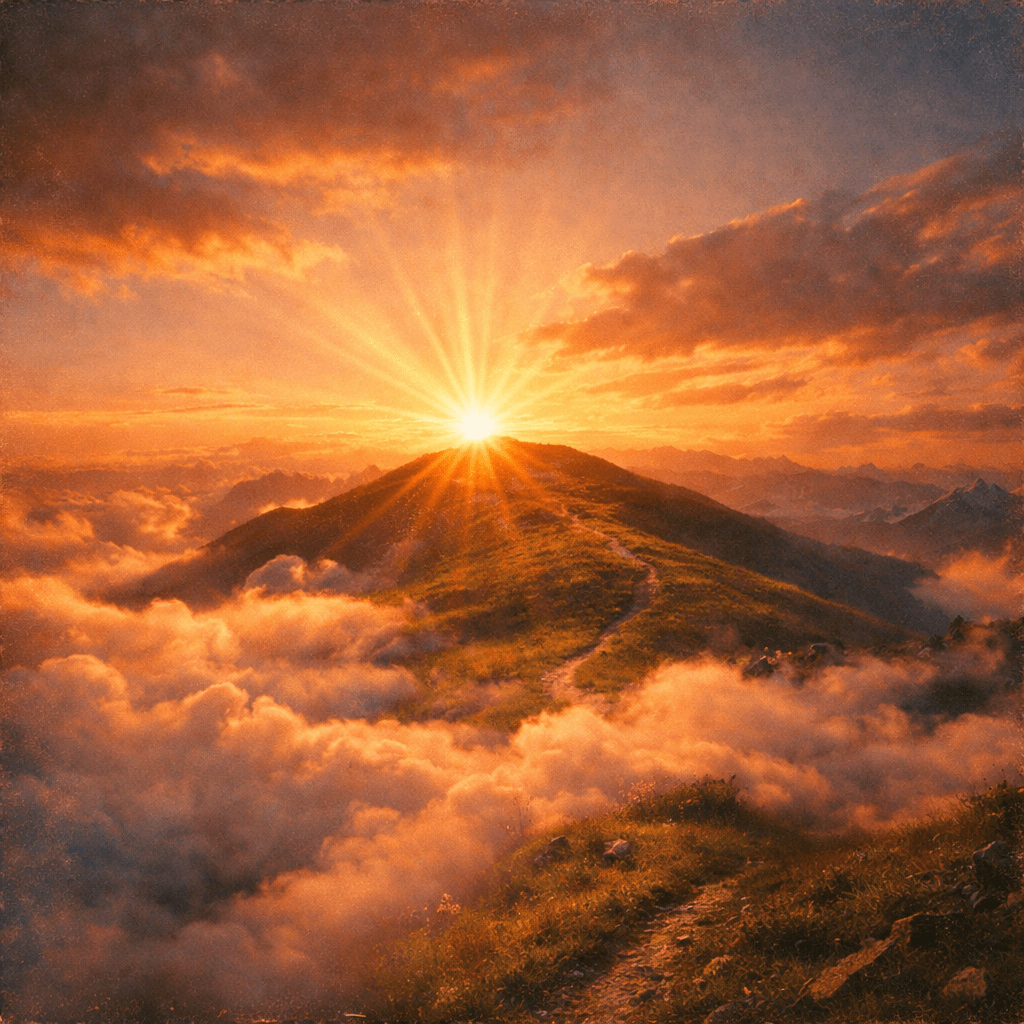 Snow-covered mountain peak with sun setting behind it casting warm light over clouds