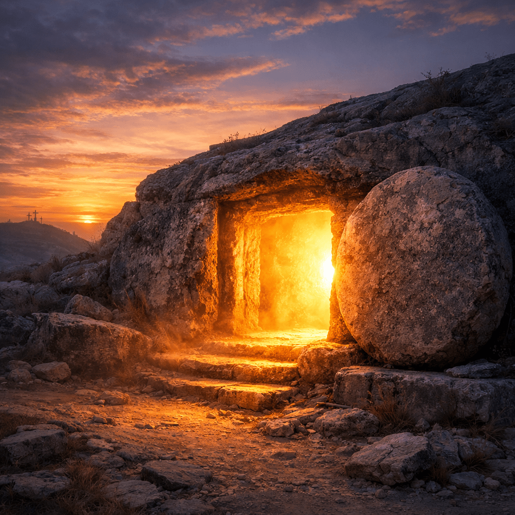 Rock-cut ancient tomb with glowing entrance and rolled stone door at sunrise