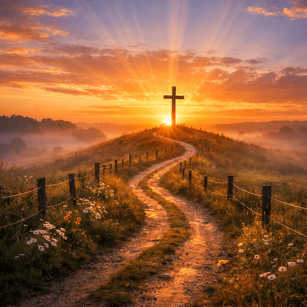 Winding dirt path leading to a wooden cross on a hill with sunrise and mist