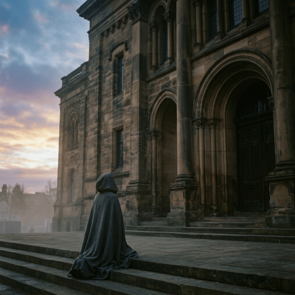 Person in a hooded cloak facing a large stone cathedral with arched doorways and columns at sunset