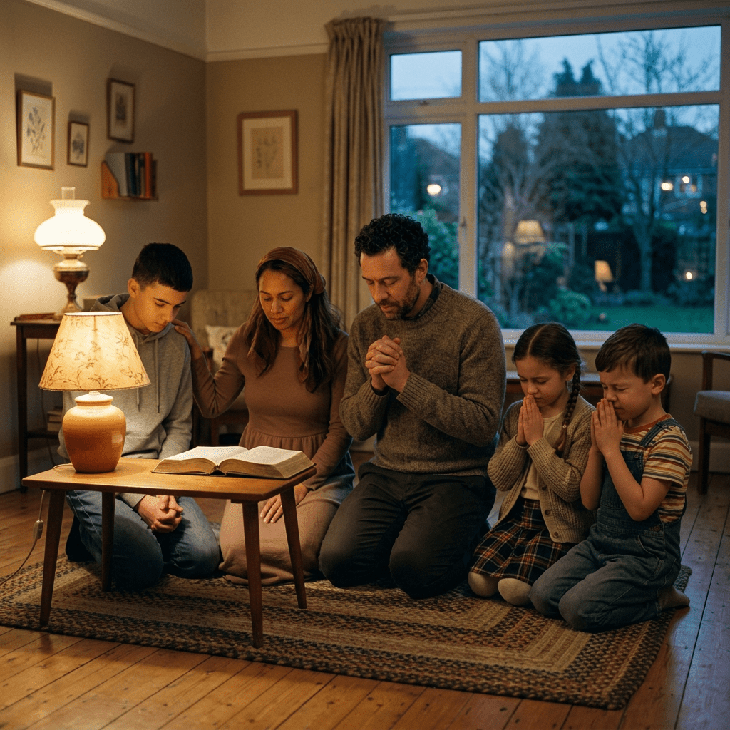 Family kneeling in living room praying with open book on table