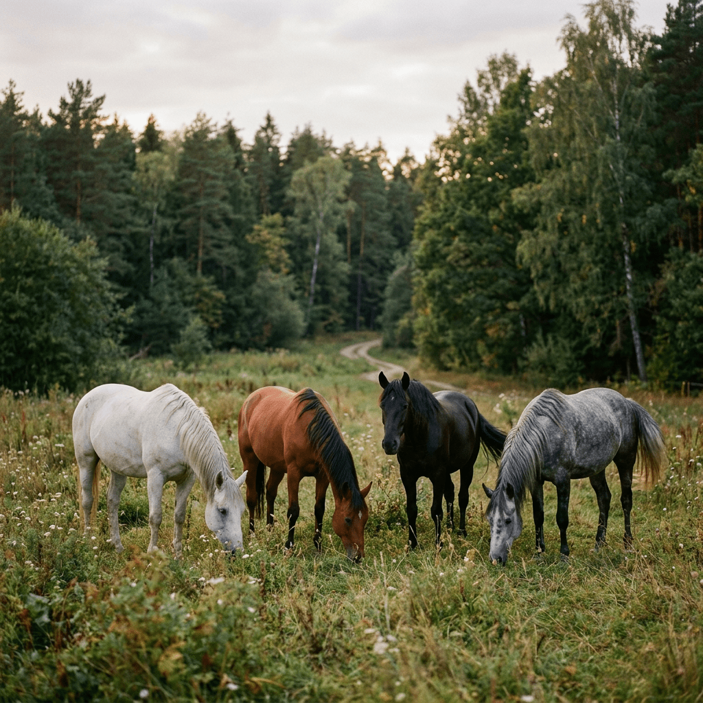 Four horses grazing in a grassy meadow with trees in the background